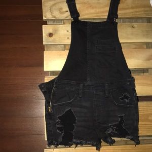 Black denim overalls shorts (distressed)